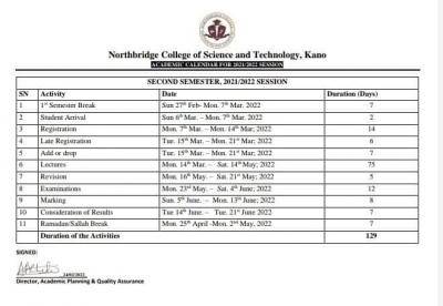 Northbridge College of Science and Technology second semester academic calendar, 2021/2022