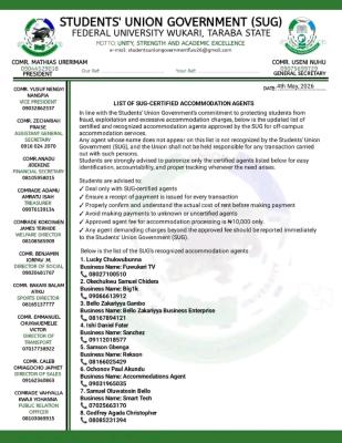 FUWUKARI SUG releases official list of certified off-campus accommodation agents