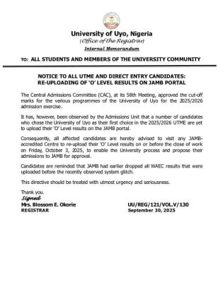 UNIUYO directs candidates to reupload o level result on JAMB Portal