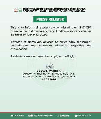 UNIUYO notice to students that missed their GST CBT Examination