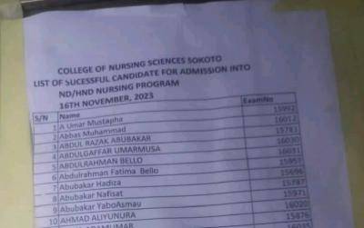 College of Nursing Sciences Sokoto releases ND/HND admission lists, 2023/2024