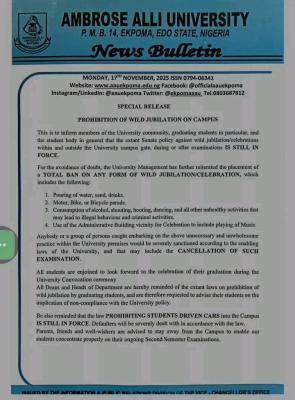 AAU management reiterates ban on wild jubilation, warns student ahead of exams