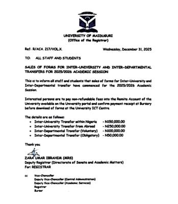 UNIMAID announces sales of transfer forms