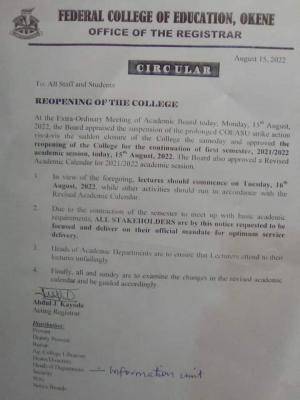 FCE Okene notice on reopening of the College