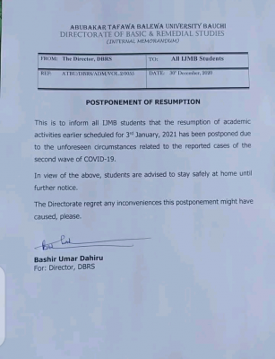 Abubakar Tafawa Balewa University notice to IJMB students on postponement of resumption