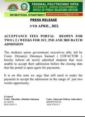Offa Poly reopens acceptance fee portal for 2021/2022 session