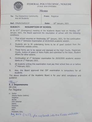 Federal Polytechnic, Nekede notice on resumption