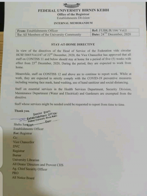 Federal University Birnin-Kebbi stay-at-home-directive to staff