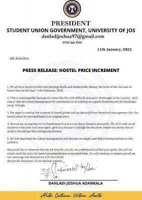 UNIJOS SUG rejects hostel accommodation fee increment by management