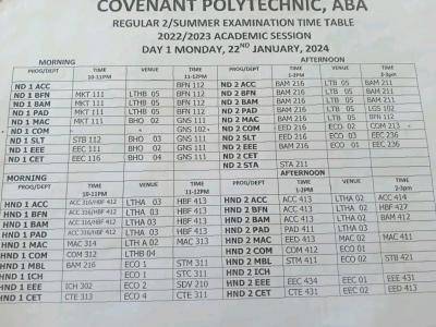 Covenant Poly Regular 2/summer exam timetable, 2022/2023