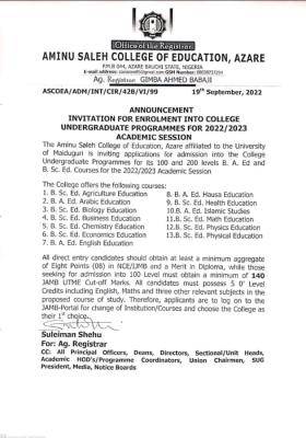 Aminu College of Education Azare-UNIMAID Releases 2022/2023 Degree Admission Form