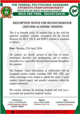 Nasarawa Poly SUG notice on Resumption of Second Semester, 2025/26