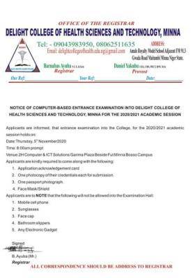 Delight College of Health Science and Technology Minna notice on CBT entrance exam