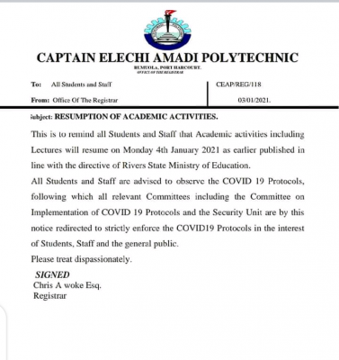 Captain Elechi Amadi Polytechnic notice on resumption