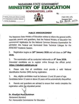 Nasarawa State Ministry of Education update on common entrance registration, 2026/2027