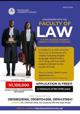 Peaceland University, Enugu Opens Admissions Into Faculty of Law for 2025/2026
