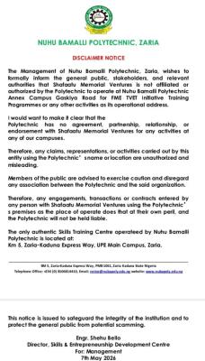 Nuhu Bamalli Polytechnic disassociates from Shafaatu Memorial Ventures