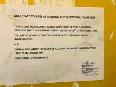 Kogi State College of Nursing & Midwifery, Obangede notice on resumption for new students, 2023/2024