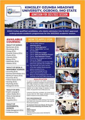 Kingsley Ozumba Mbadiwe University Post-UTME 2021: cut-off mark, eligibility & registration details