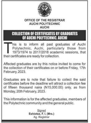 AUCHIPOLY notice to graduates on collection of certificates