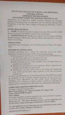 Oyo State College of Nursing and Midwifery admission form, 2023/2024