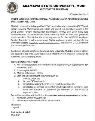 Adamawa State University Releases 2022/2023 Post-UTME / DE Admission Forms