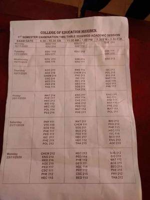 COE Igueben 1st semester exam time table for 2019/2020 session