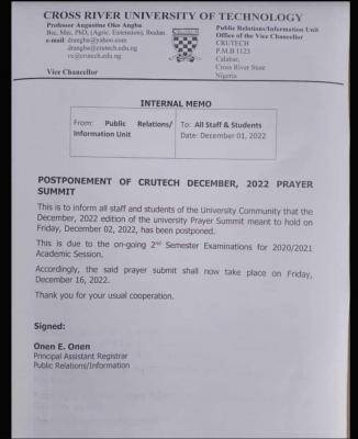 CRUTECH notice on postponement of December, 2022 prayer summit