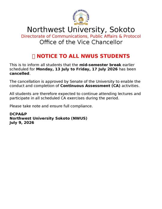 North West University, Sokoto cancels 2nd mid-semester break, 2025/2026 Session