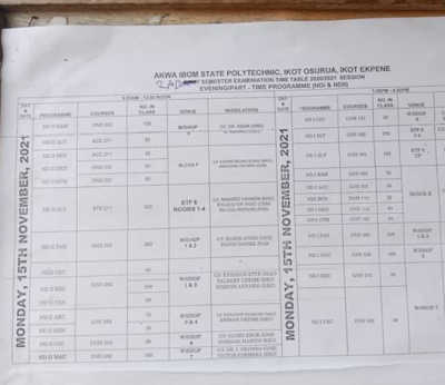 Akwa Poly 2nd semester exam timetable for Part-time Students (ND I & II), 2020/2021