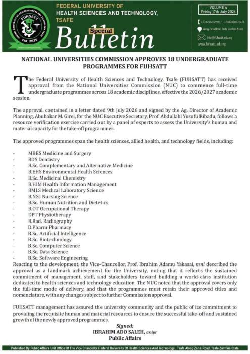 Federal University of Health Sci. & Tech. Tsafe gets approval for MBBS/BDS, Nursing & 16 new programmes