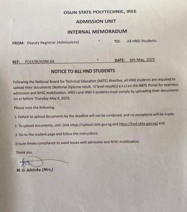 OSPOLY notice to all HND students