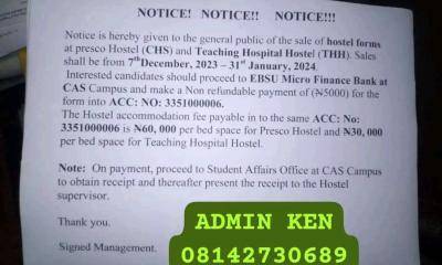 EBSU notice on payment of hostel forms