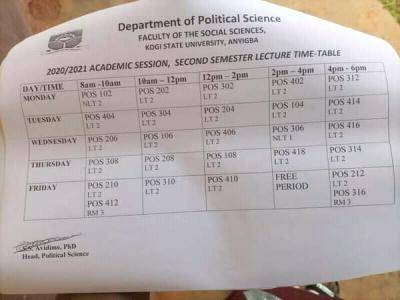 Kogi State University 2nd semester lecture timetable for 2020/2021 session