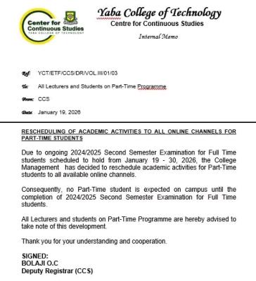 YABATECH temporarily moves academic activities to virtual channels for part time students