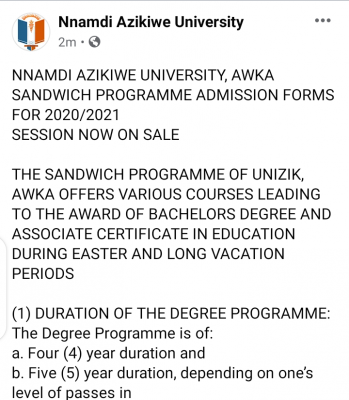 UNIZIK Sandwich Admission form for 2020/2021 session