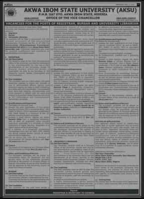 AKSU announces vacancies for the posts of Registrar, Bursar & Librarian