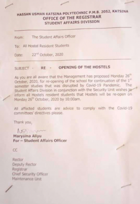 Hassan Usman Polytechnic notice on reopening of hostels