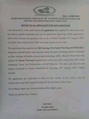 Aliko Dangote College of Nursing Sciences notice to all applicants for 2023 admission