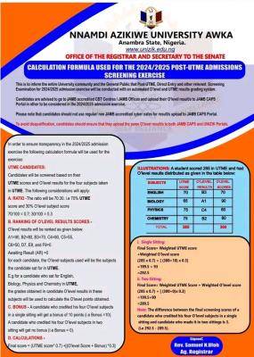 UNIZIK calculation formula for the admission screening exercise, 2024/2025