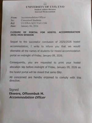 UNIUYO notice on closure of accommodation portal for 2025/2026 session