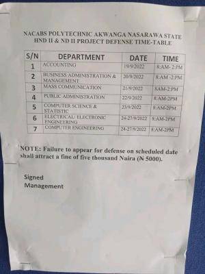 NACABS Polytechnic Akwanga ND II &HND II project defence timetable