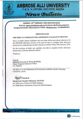 AAU notice to new students on completion of clearance exercise
