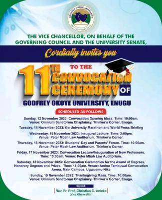 Godfrey Okoye University announces 11th Convocation Ceremony