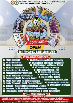 Osun State College of Health Technology, Imelu-Ilesa (OSCOHTECH) ND & HND Admissions, 2026 /2027