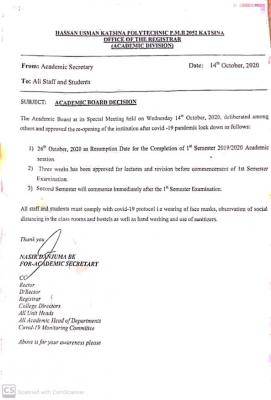 HASSAN Usman Polytechnic resumption date announced