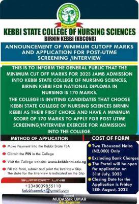 Kebbi State College of Nursing Science Post-UTME 2023: cut-off mark and registration details