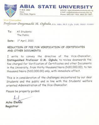 ABSU notice on reduction of fee for verification of certificates and other documents
