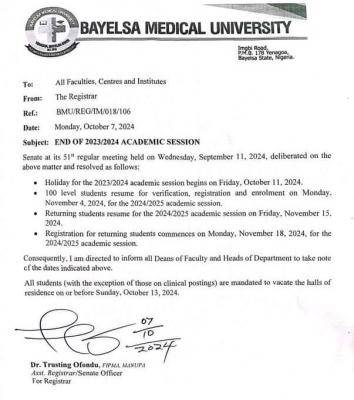 BMU notice on conclusion of 2023/2024 academic session