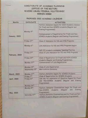 Waziri Umaru Fed. Poly proposed academic calendar, 2022/2023